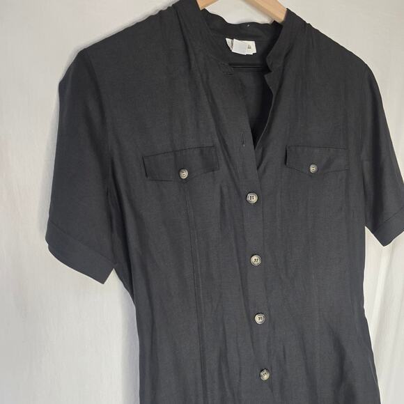 Neiman Marcus Vintage Linen Silk Blend Button Shirt Dress Short Sleeve Black 8. - Picture 3 of 6
